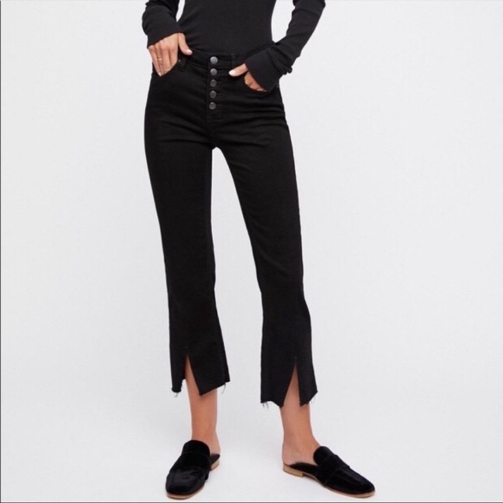 Free People Black Cropped Jeans Button Fly Slit with Raw Hem